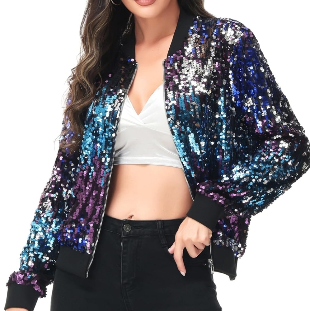 Womens Sequin Long Sleeve Front Zip Jacket with Ribbed Cuffs